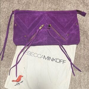 Rebecca Minkoff Love Letter Loveletter clutch, bird lining, purple suede, EUC!